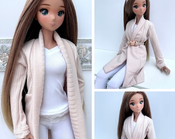 Smart Doll long cardigan, cardi, dusky pink neutral cream, beige, Smartdoll accessory, optional extra belt, diamonte, plaited rose gold clip