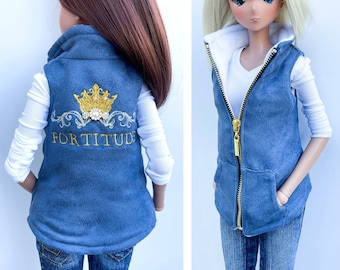 Smart Doll PERSONALISED Gilet Jacket choose name text sleeveless vest top blue faux suede fleece lined Smartdoll clothes embroidered crown