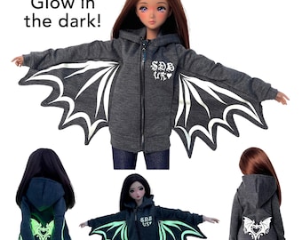 Sudadera con capucha Smart Doll que brilla en la oscuridad con alas de dragón, color gris, para cosplay de fantasía, con cremallera en forma de corazón, estilo gótico vampiro y Halloween para niño