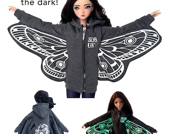 Sudadera con capucha Smart Doll que brilla en la oscuridad con alas de polilla, color gris, para cosplay, de fantasía, con cremallera en forma de corazón, estilo vampiro, gótico, para Halloween, para niño