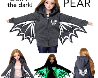 Sudadera con capucha Smart Doll PEAR que brilla en la oscuridad con alas de dragón, color gris, para cosplay de fantasía, con cremallera en forma de corazón, estilo vampiro, gótico, para Halloween, para niño