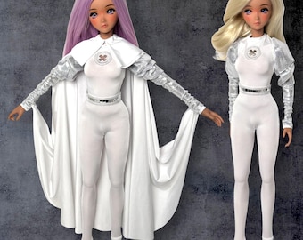 Smart Doll Jumpsuit White Silver Cape Cloak Long Shawl Smartdoll Superhero Classic Pear Mantle BJD Fantasy Witch Costume Ring Power Wing Fly