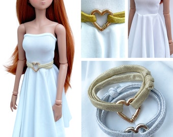 Smart Doll white summer dress, holidays, glamorous strappless stretch, silver gold heart belt, fits standard Smartdoll wedding glam, gift
