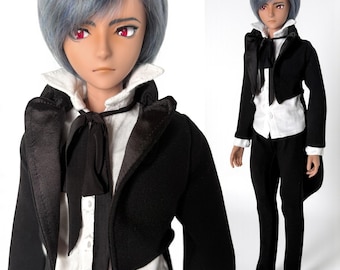 Smart Doll BOY Waiter Outfit Black Tailcoat Jacket Trousers White Dress Shirt Neck Scarf Satin Formal Wedding Suit Prince Groom Tuxedo