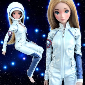 May include: A white astronaut suit with a zipper down the front and blue accents. The suit has a patch on the left sleeve with a planet and the word "Space" on it. The doll is wearing a white helmet with a blue stripe.