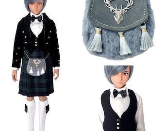Smart Doll BOY Scottish Kilt Sporran Black Bow Tie Charlie Jacket Vest Socks Flashes White Shirt Formal Wedding SmartDoll Prince Groom Tux
