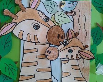 Build Giraffes Printable Pdf Craft.  Colour Cut Glue Activity. Scissors Cutting Paper. Interactive, Fun, Improves Fine Motor Skills.