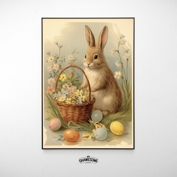 Vintage Easter Postcard #3, Easter Bunny & Basket, Digital Print | Easter-003