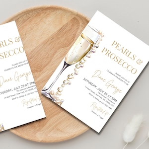Invitación para despedida de soltera con perlas y prosecco: Plantilla minimalista (descarga digital)