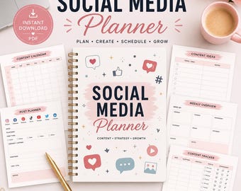Social Media Planner Printable Editable | Content Creator Calendar | Digital Canva Post Strategy Tracker | Business Marketing Log