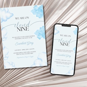 Editable On Cloud 9 Baby Shower Invitation: Blue Cloud Design (Digital Download)