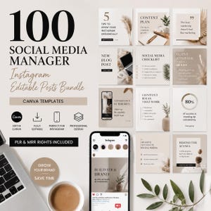 Könnte beinhalten: Ein digitales Paket mit 100 Instagram-Vorlagen für Social-Media-Manager in einer neutralen beigen Farbpalette. Das Set enthält verschiedene bearbeitbare Canva-Layouts mit Text, Checklisten und grafischen Elementen für die Inhaltsplanung.