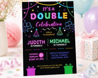 Double Birthday Invitation | Neon Glow Joint Party Invite | Sibling Birthday Template | Editable Printable Twins Birthday Evite