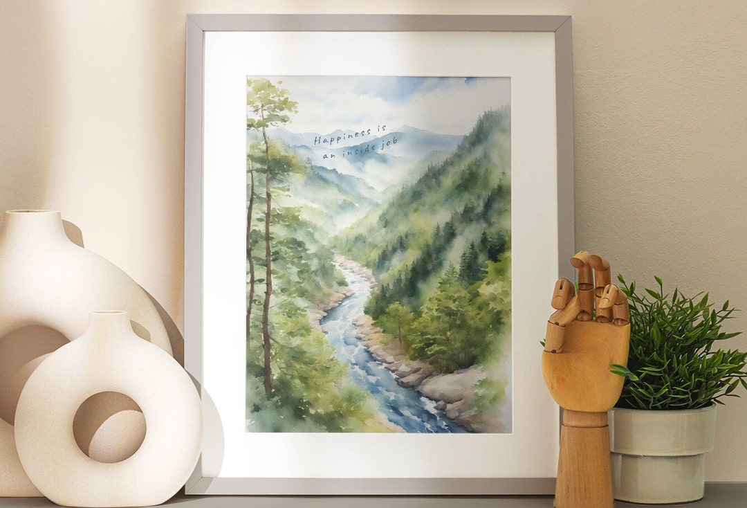 Mountain River Landscape Painting With Quote | Inspirational Art ...
