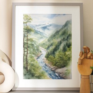 Mountain River Landscape painting with quote | Inspirational art, mental health, living room wall poster, office decor, watercolor print