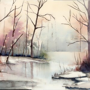 Winter Landscape Giclee Print: Tranquil Frozen Lake Scene, Matted 11x14