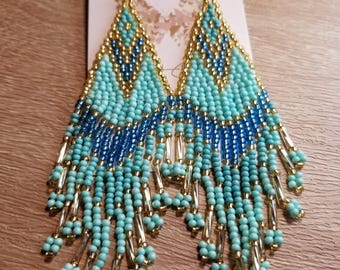 Indigenous Handmade Beaded Fringed Earrings, Aboriginal Beaded Fringed Earrings, Inuit Beaded Fringed Earrings, Inuk Beaded Fringed Earrings