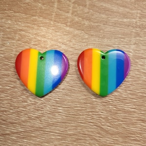 Puede incluir: Dos colgantes en forma de corazón con un diseño de arcoíris. Cada colgante tiene un agujero para colgarlo. Los colores están dispuestos en franjas verticales: rojo, naranja, amarillo, verde, azul y morado. Los colgantes son brillantes.