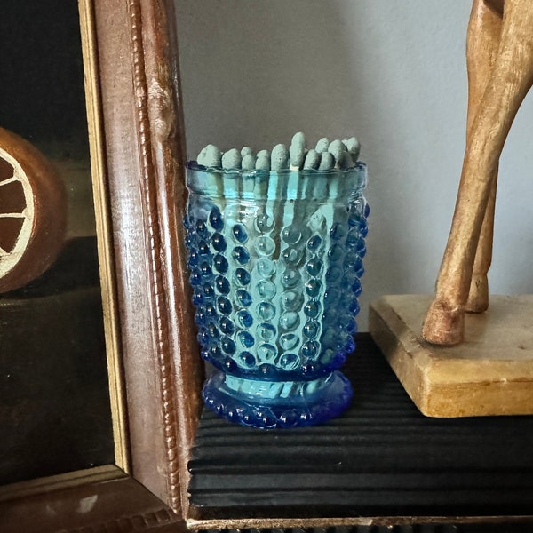 Vintage Turquoise Blue Hobnail Glass Matchstick Vessel with Matches | Toothpick Holder |