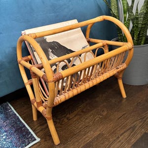 Vintage MCM Bent Bamboo Rattan Magazine Rack | Double Compartment Storage | Vinyl Record Holder | Mid Century Boho Chic Bentwood 60s 70