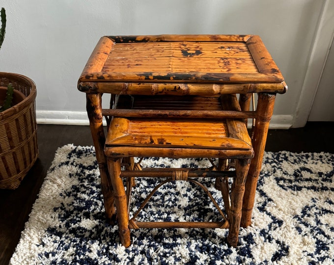 Vintage Burnt Bamboo Rattan Nesting Tables Plant Stands | Tortoise Shell Bamboo | Set of 2 ...