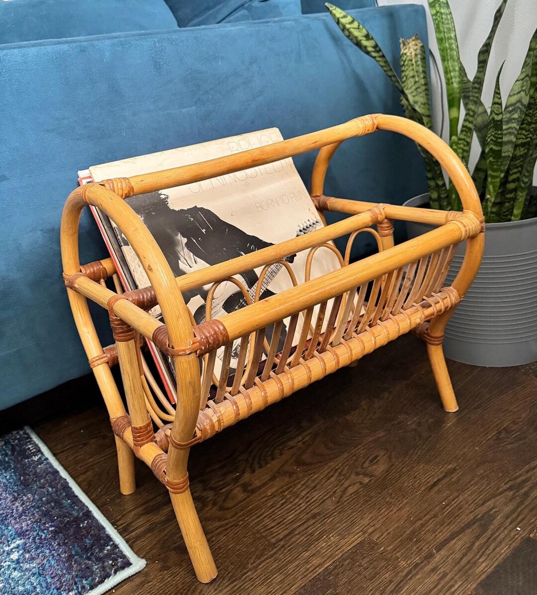 Vintage MCM Bent Bamboo Rattan Magazine Rack | Double Compartment ...