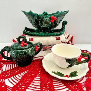 Vintage Lefton Green Holly Berry 8" Sleigh, Covered Sugar, White Holly Berry Cup & Saucer | Your Choice | Made in Japan Ceramic Christmas