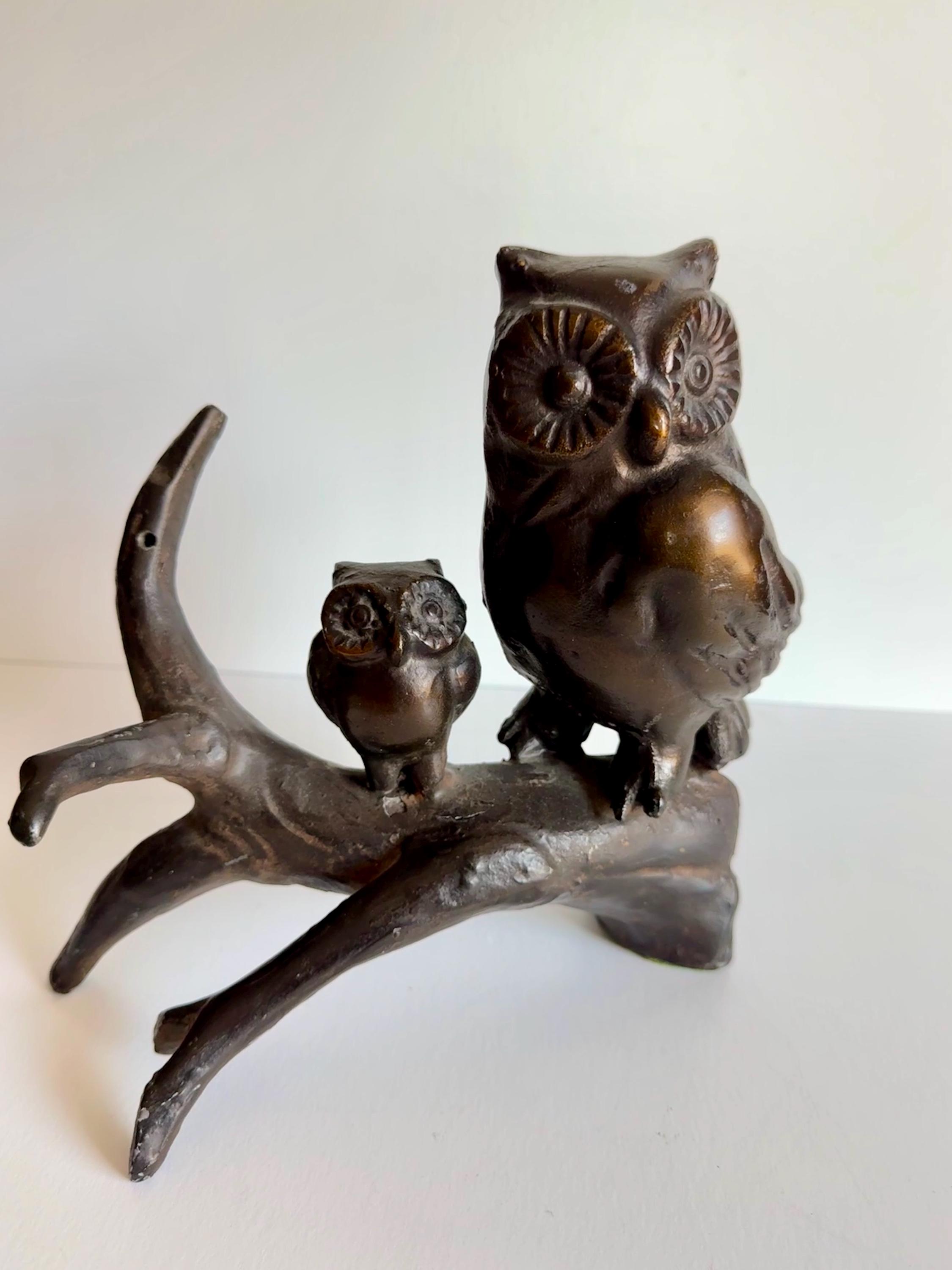 Vintage Bronze Metal Owls on Branch Sculpture | Large & Heavy | 8.5x8x3 |