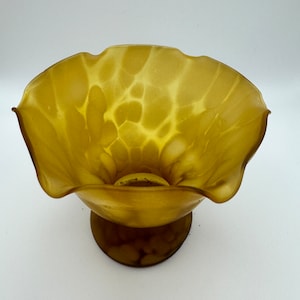 Vintage Hand-Blown Frosted Amber Glass Footed Dish | Tortoise Shell Glass | Mid Century Art Glass | Vintage Bookshelf Decor | Marbled Glass