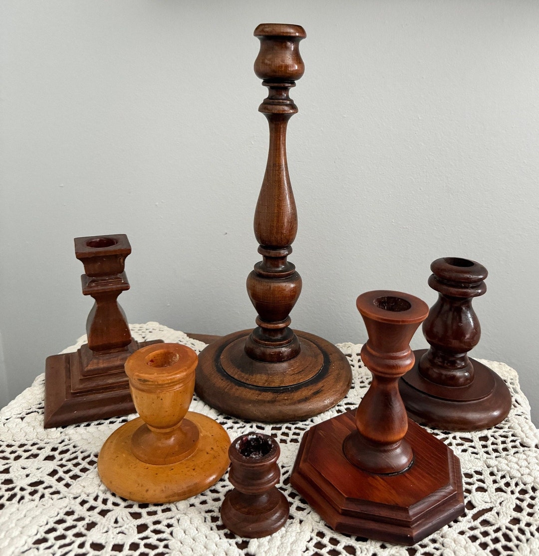 Set of 6 Vintage Wood Candlestick Holders | Graduated Wood Candlestick ...