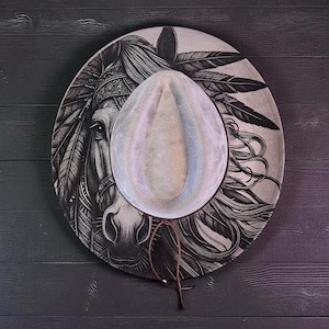 Custom Wide Brimmed Hat with Horse and Feathers Design
