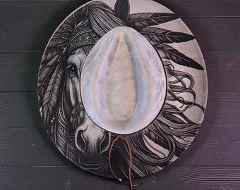 Custom Wide Brimmed Hat with Horse and Feathers Design