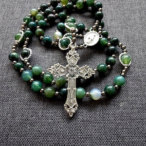 Handmade Green Moss Agate Rosary: Catholic Prayer Beads, Gothic Necklace