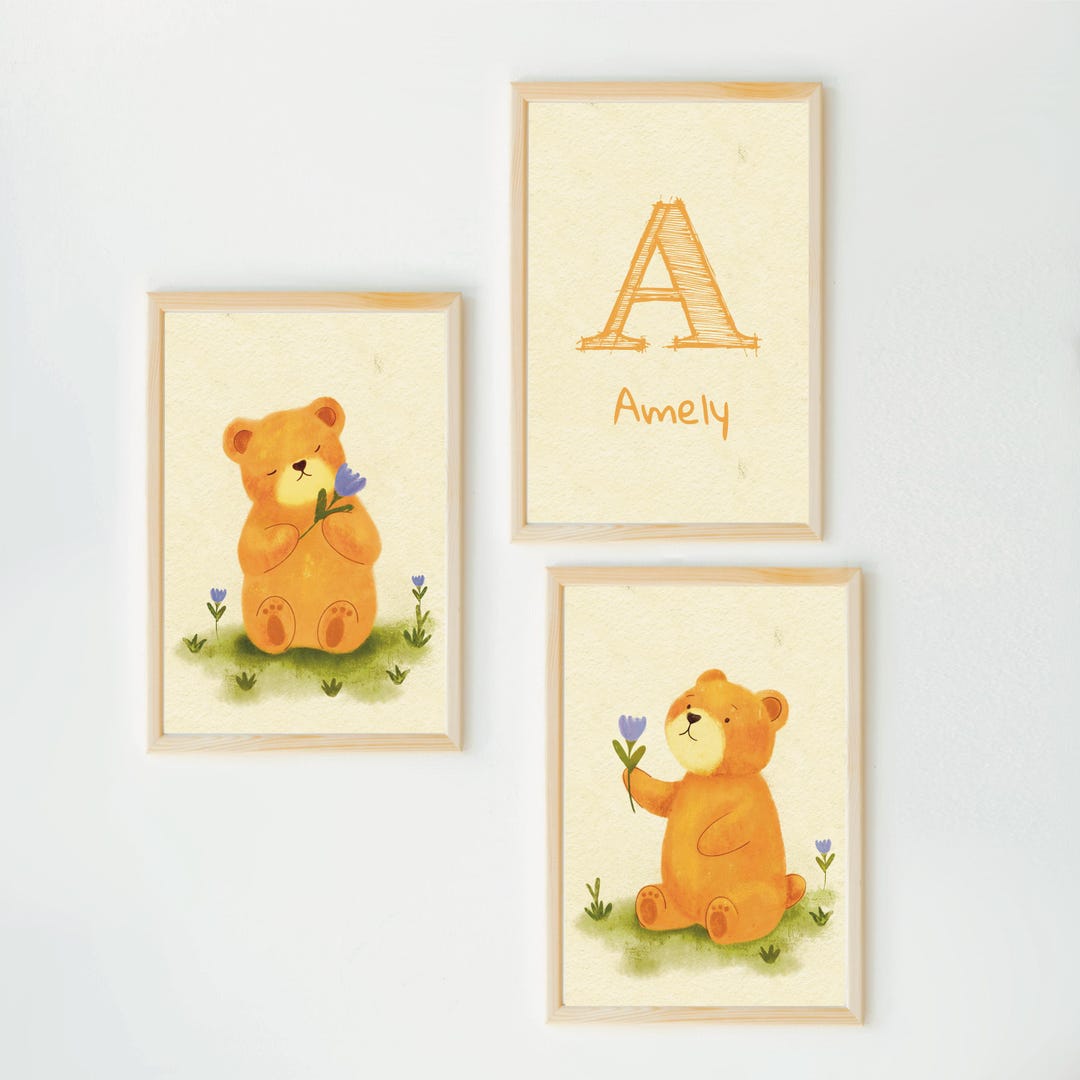 Personalized Teddy Bear Nursery Wall Art Set of 3 – Custom Baby Name ...