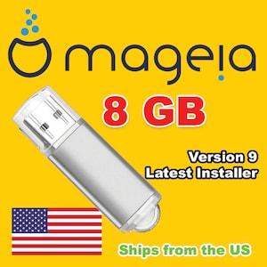 May include: Silver 8 GB USB flash drive with the text "mageia" and "8 GB" in red. The text "Version 9 Latest Installer" is also present. The background is yellow, and the American flag is visible.