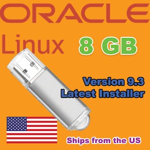 May include: Silver USB flash drive with the text "ORACLE Linux 8 GB Version 9.3 Latest Installer." The image also includes the American flag on an orange background.