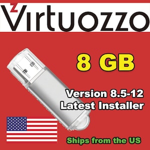 May include: Silver USB flash drive with the text "Virtuozzo" at the top. The drive has "8 GB" in yellow text and "Version 8.5-12 Latest Installer" in white text. An American flag is in the lower left corner.