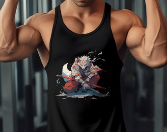 Wolf shirt in anime style samurai wolf with katana. Anime shirt gift with white wolf samurai on tank top summer wear with animal