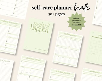 Könnte beinhalten: Eine Sammlung druckbarer Selbstpflegeplaner in einem sanften Grün-Weiß-Farbschema. Das Bundle enthält einen Produktivitätsplaner, einen Budgetplaner, ein Dankbarkeitstagebuch und einen Gewohnheitstracker. Auf dem Cover steht "make it happen".