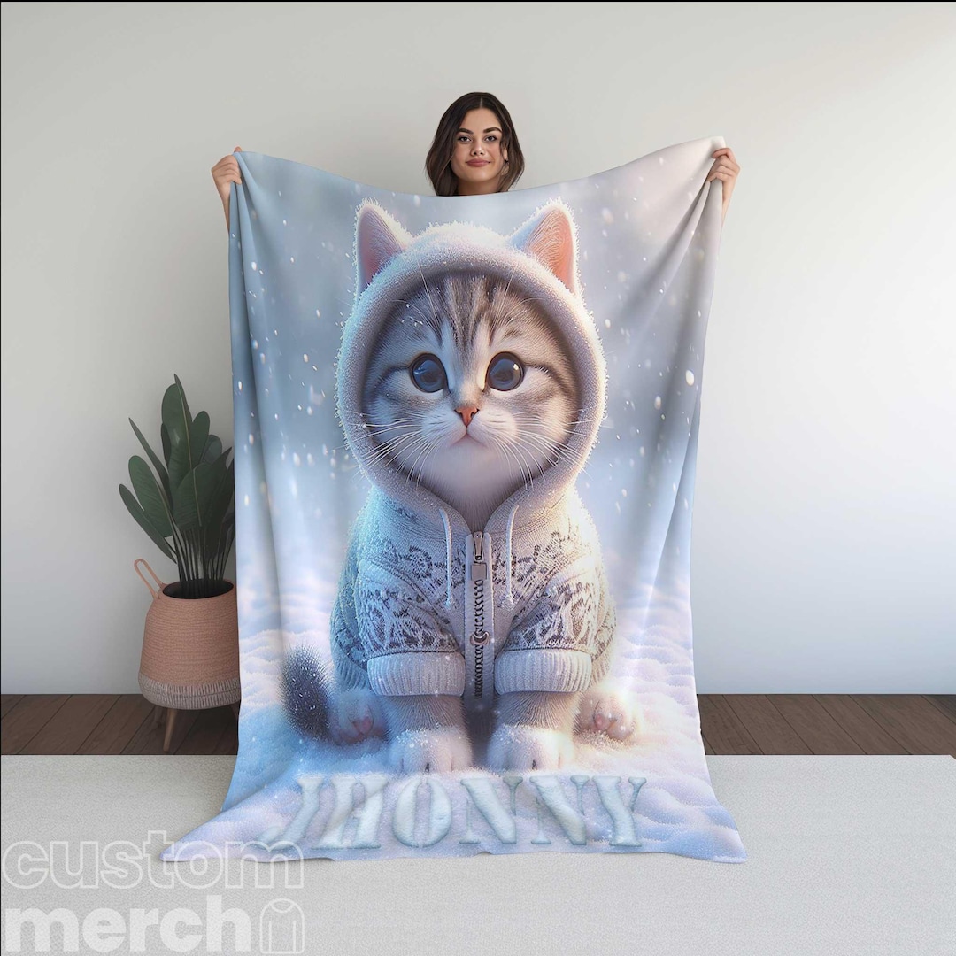 Custom Cat Blanket, Cat Snow Themed Blanket, Custom Pet Blanket, Snow ...