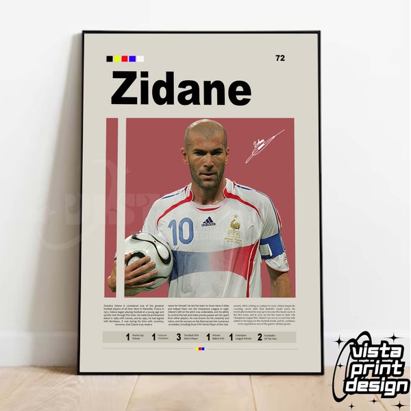 Zinedine Zidane Poster, French Footballer, Soccer Gifts, Sports Poster, Football Player Poster, Soccer Wall Art, Sports Bedroom Posters