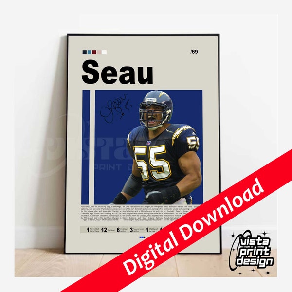 Digital Download Junior Seau Poster, San Diego Chargers Print, NFL Poster, NFL Fans, Football Poster, NFL Wall Art, Sports Bedroom Posters