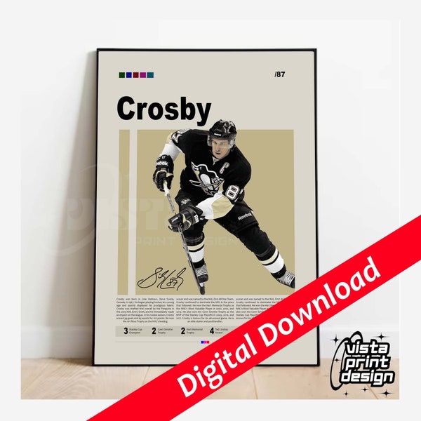 Sidney Crosby Pittsburgh Penguins NHL Poster, Hockey Wall Wall Décor, Sports Poster, Mid-Century Modern Sports Art, Sports Bedroom Posters