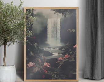 Dark Moody Botanical Painting Wall Art Print | Waterfall Flowers Tropical Floral | Printable Artwork | Digital Download | Cascade Pixel Co.