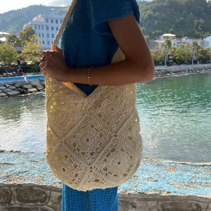 Cream Color Paper Rope Shoulder Bag, Granny Square Crochet Bag,Crochet Shoulder Bag, Handmade Tote Bag, Women's Woven Yarn Bag, Knitting Bag