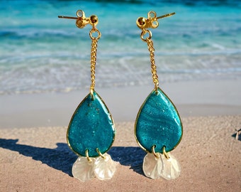 Boucles d’oreilles en argile bleu et coquillages Mar