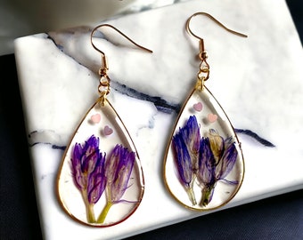 boucles d’oreilles fleurs naturelles Jacinthe d’Espagne violettes