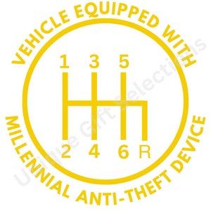 May include: Yellow circular sticker with the text "VEHICLE EQUIPPED WITH MILLENNIAL ANTI-THEFT DEVICE" and a gear shift pattern with the numbers 1, 2, 3, 4, 5, 6, and R.