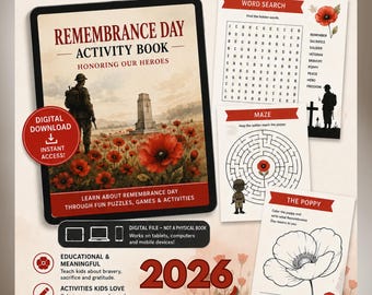 Remembrance Day Printable for Kids | Colouring Book, Maze, Word Hunt & Scavenger Game | Educational Activity PDF