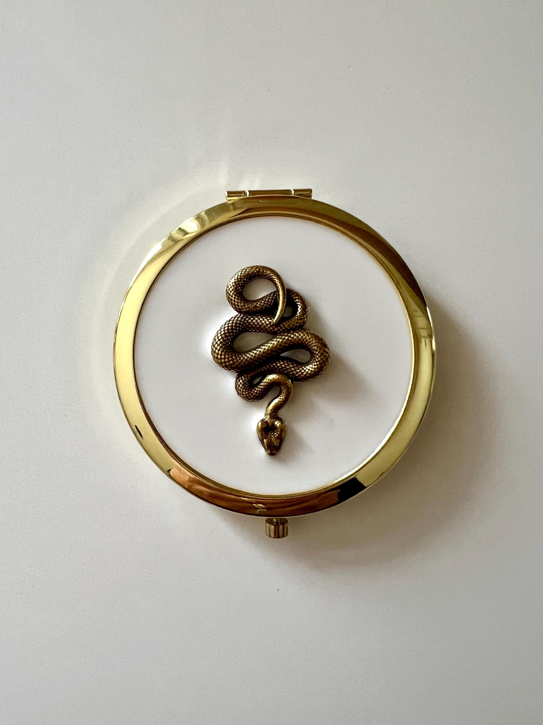 White Snake Pocket Compact: Glossy Resin Serpentine Mirror